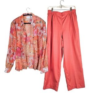 Alfred Dunner Floral Blouse Pant Set Women's Size 16 14 Coral Peach